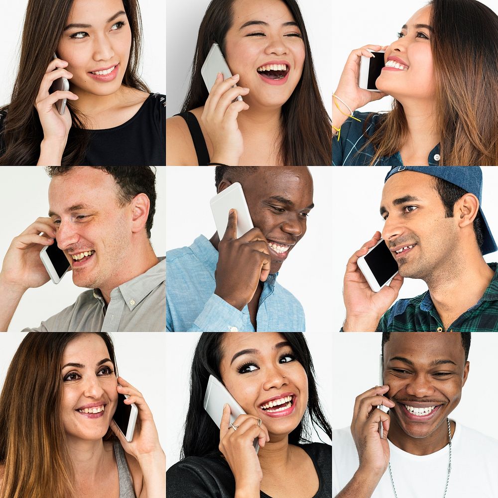 Set of Diverse People Using Smart Phone Studio Collage