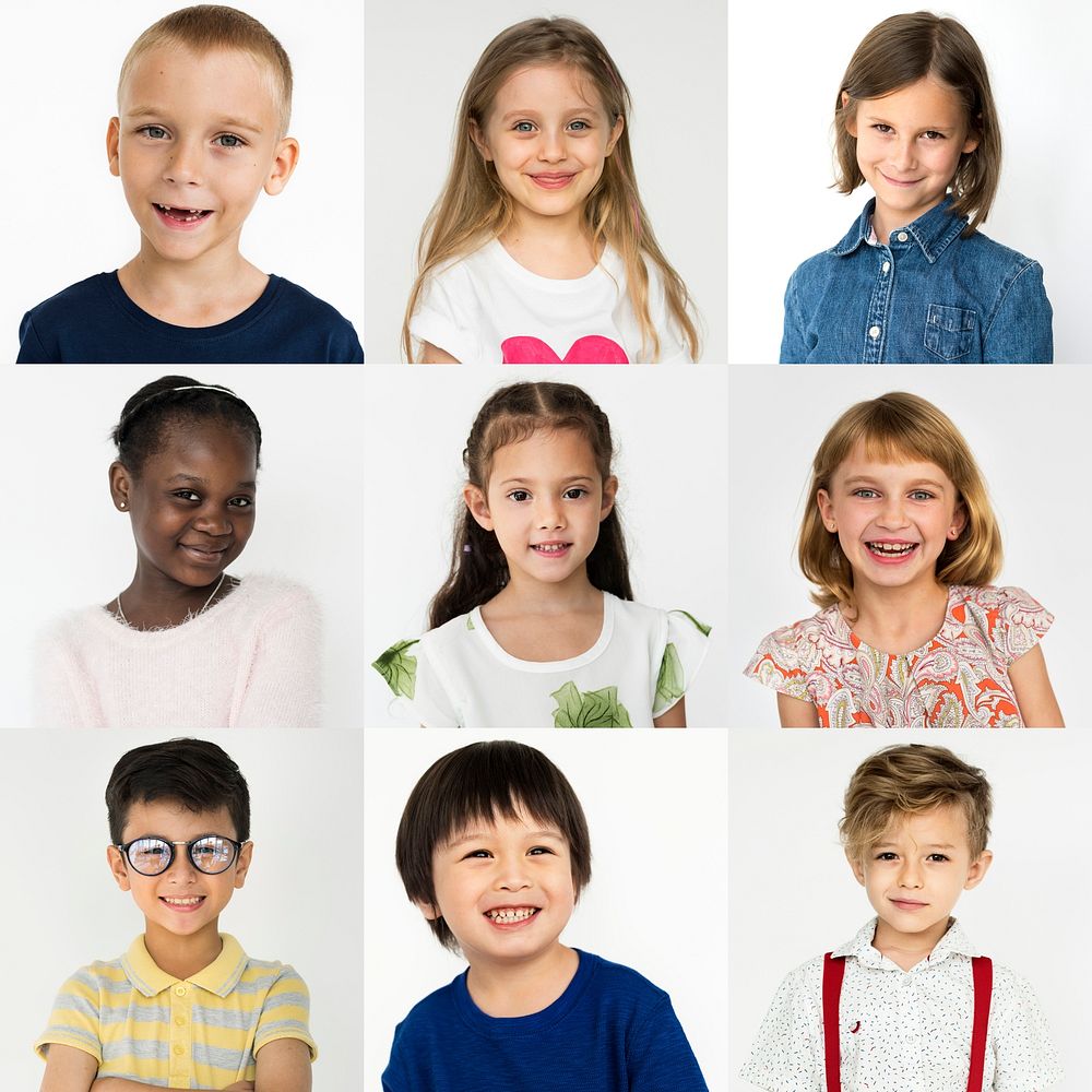 People Set of Diversity Cheerful Kids Studio Collage