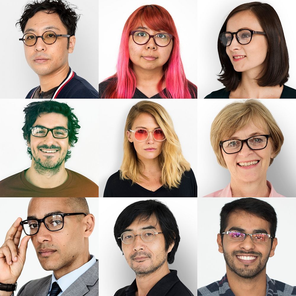 Set of Diversity People Wearing Eyeglasses Studio Collage