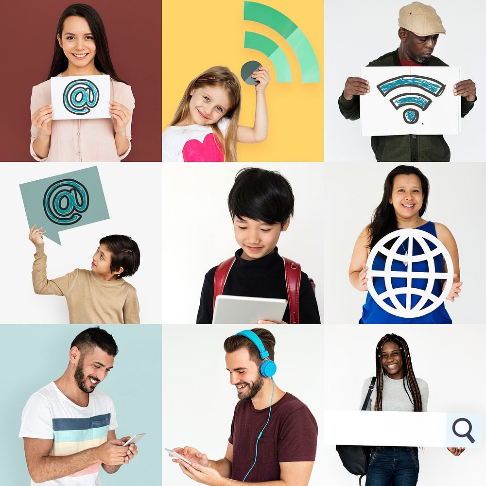 Collage of people technology stuff icon communication