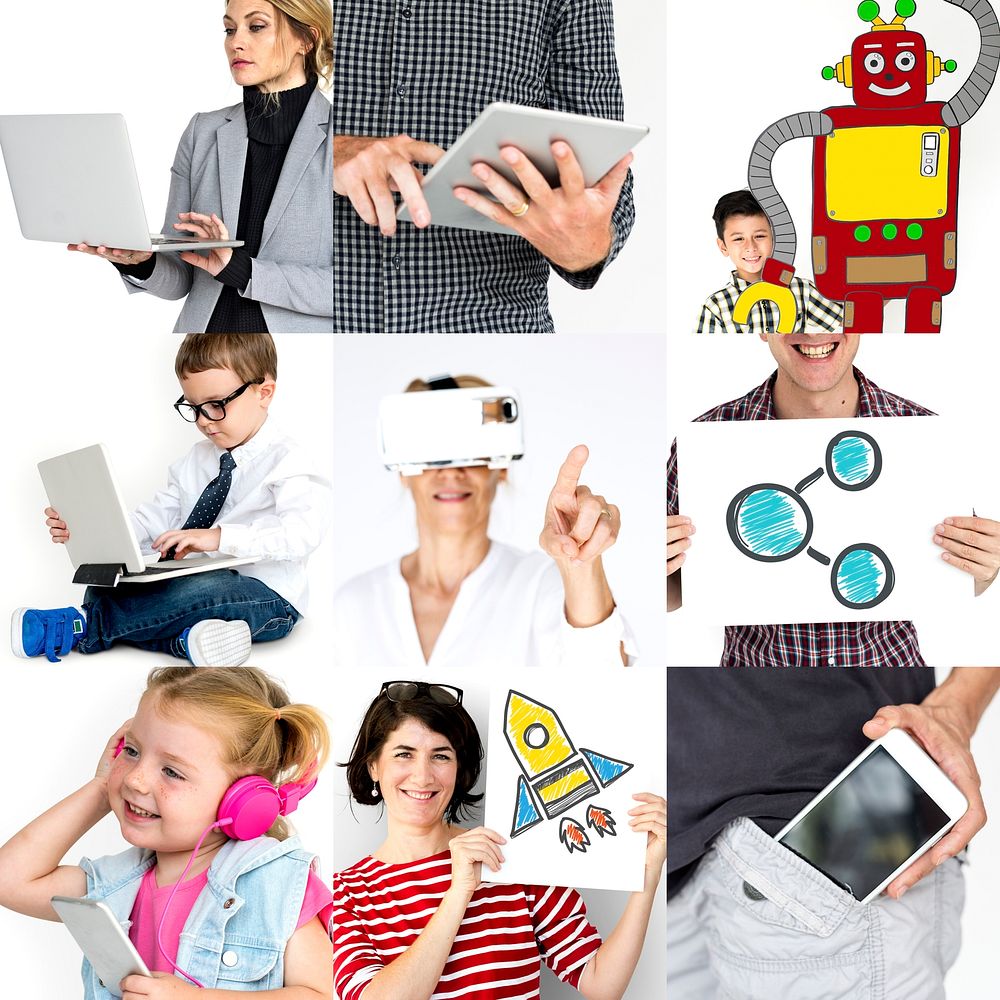 Set of Diversity People Using Digital Devices Technology Invention Studio Collage