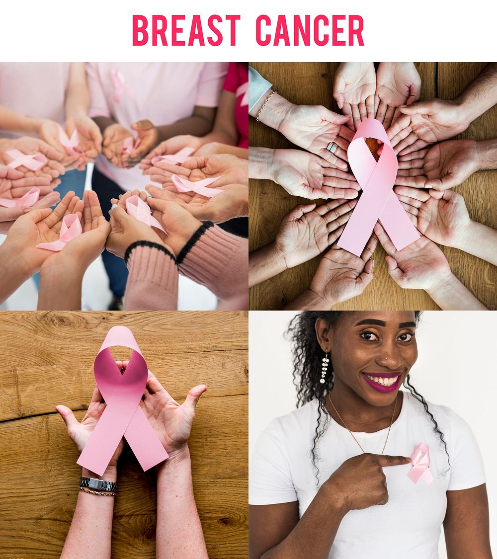 Group of Diverse People with Pink Represent Ribbon Breast Cancer Awareness Studio Collage