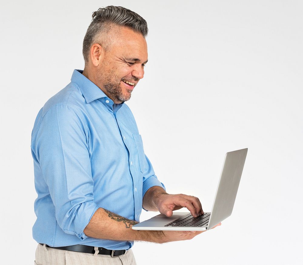 Male Holds Laptop Technology Concept