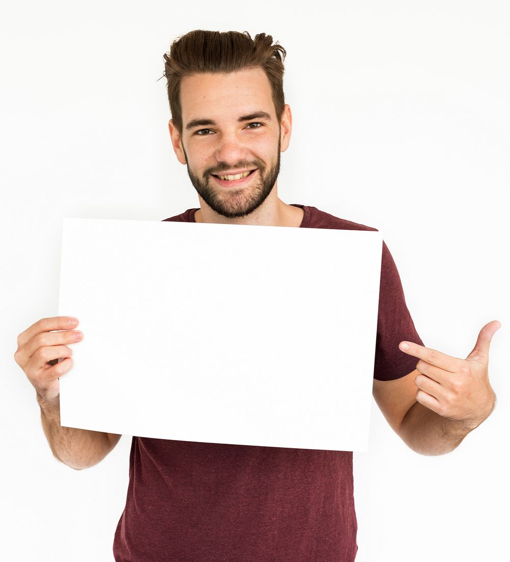 Male Holding White Blank Placard Concept