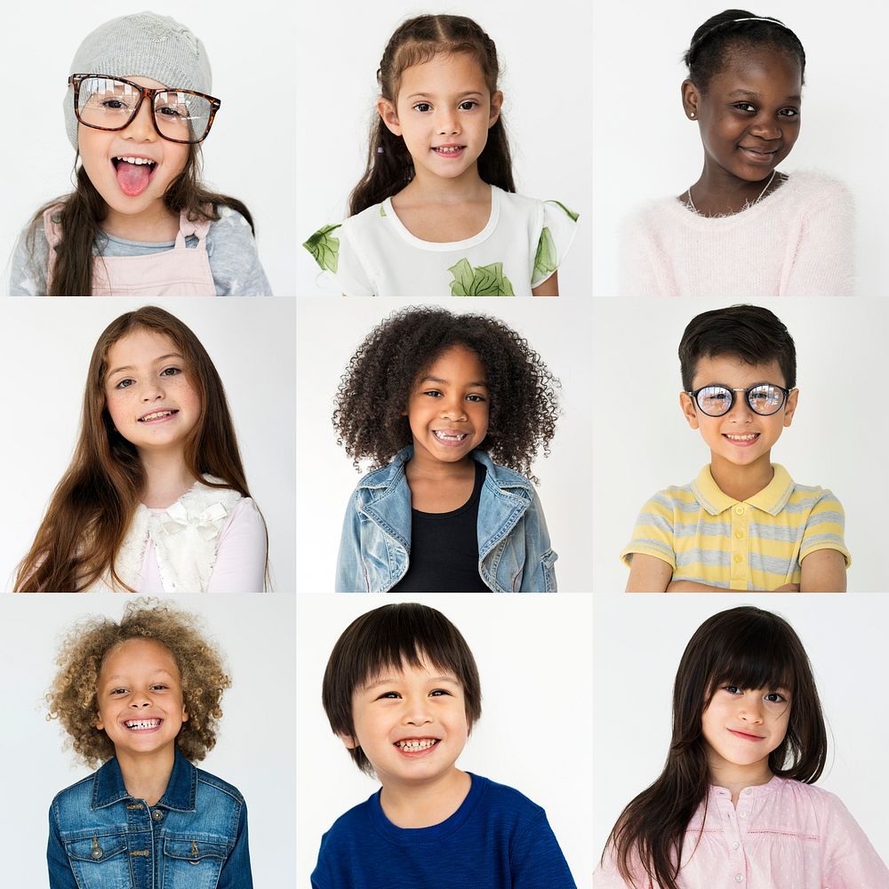 People Set of Diversity Cheerful Kids Studio Collage