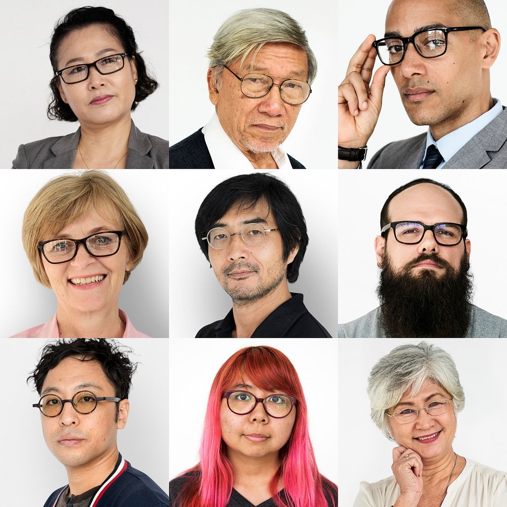 Set of Diversity People Wearing Eyeglasses Studio Collage