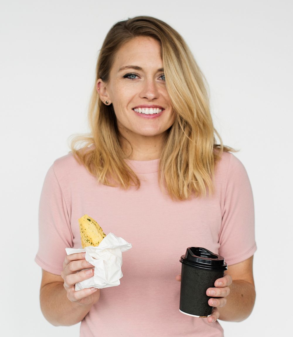Woman Smiling Happiness Sandwiches Coffee Portrait Concept
