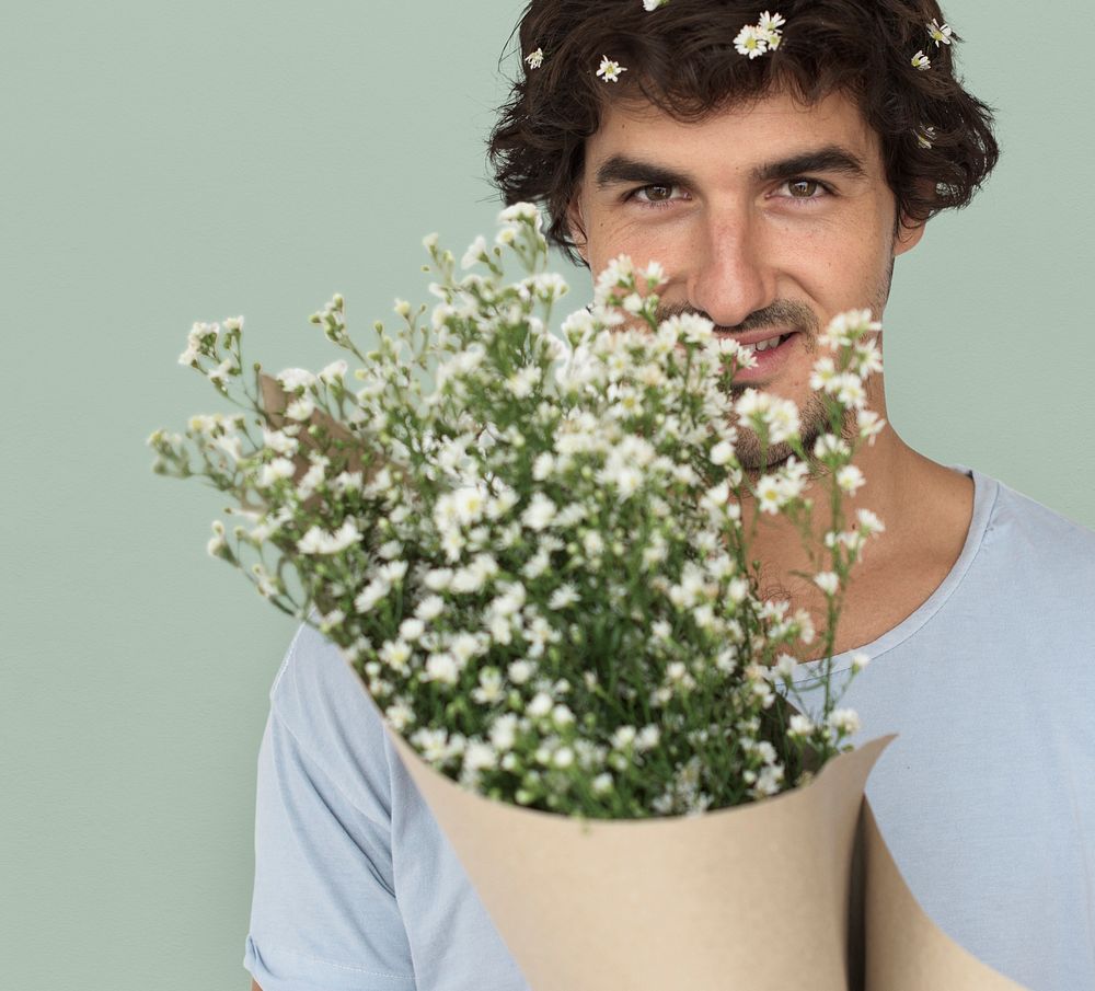 Man Smiling Happiness Flower Bouquet Portrait Concept