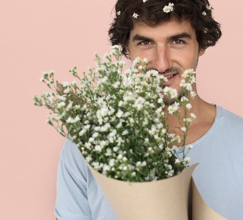 Man Smiling Happiness Flower Bouquet Portrait Concept