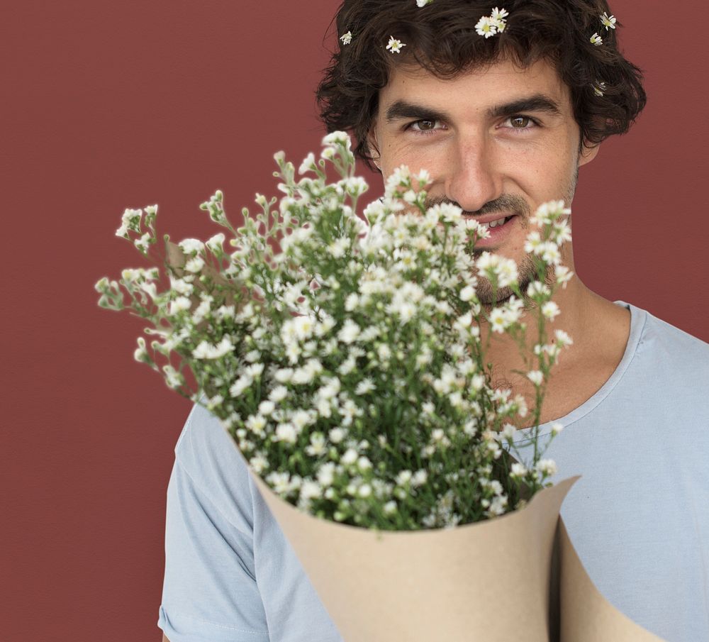 Man Smiling Happiness Flower Bouquet Portrait Concept