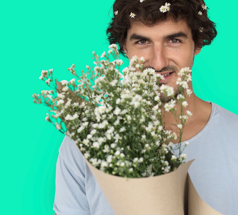 Man Smiling Happiness Flower Bouquet Portrait Concept