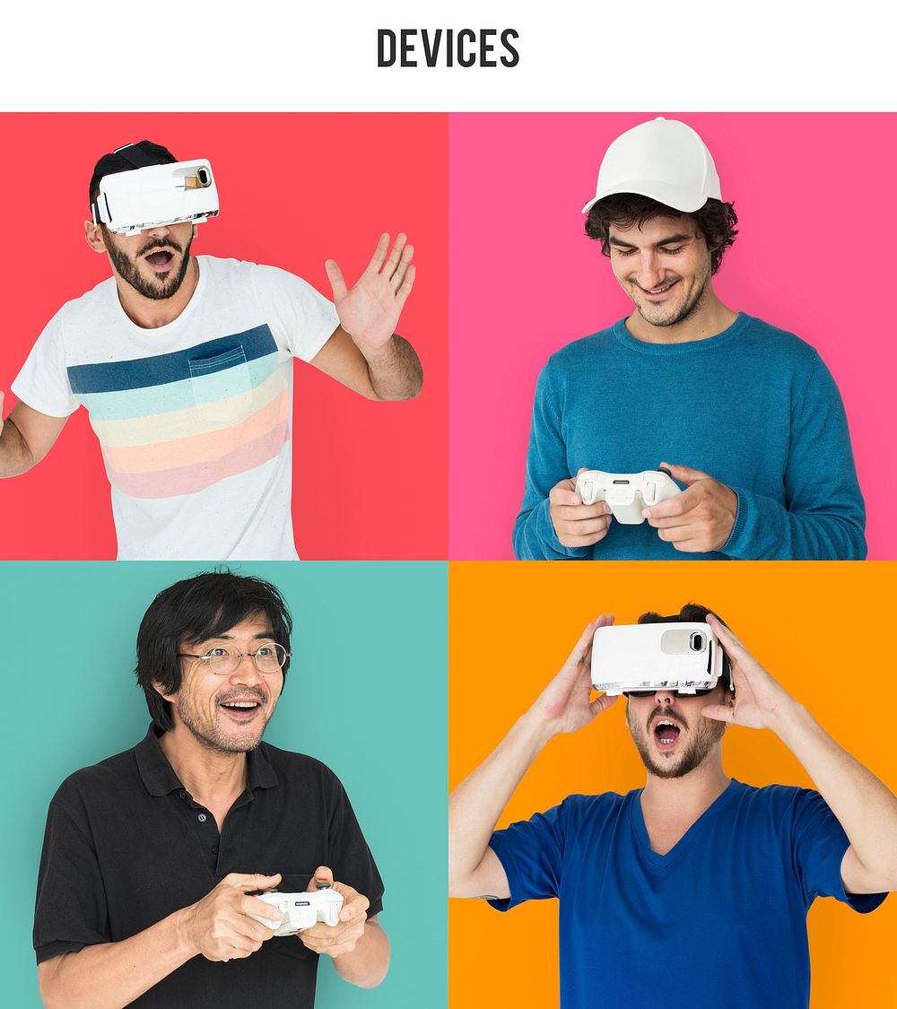 Set of Diverse Men Enjoying Game Studio Collage