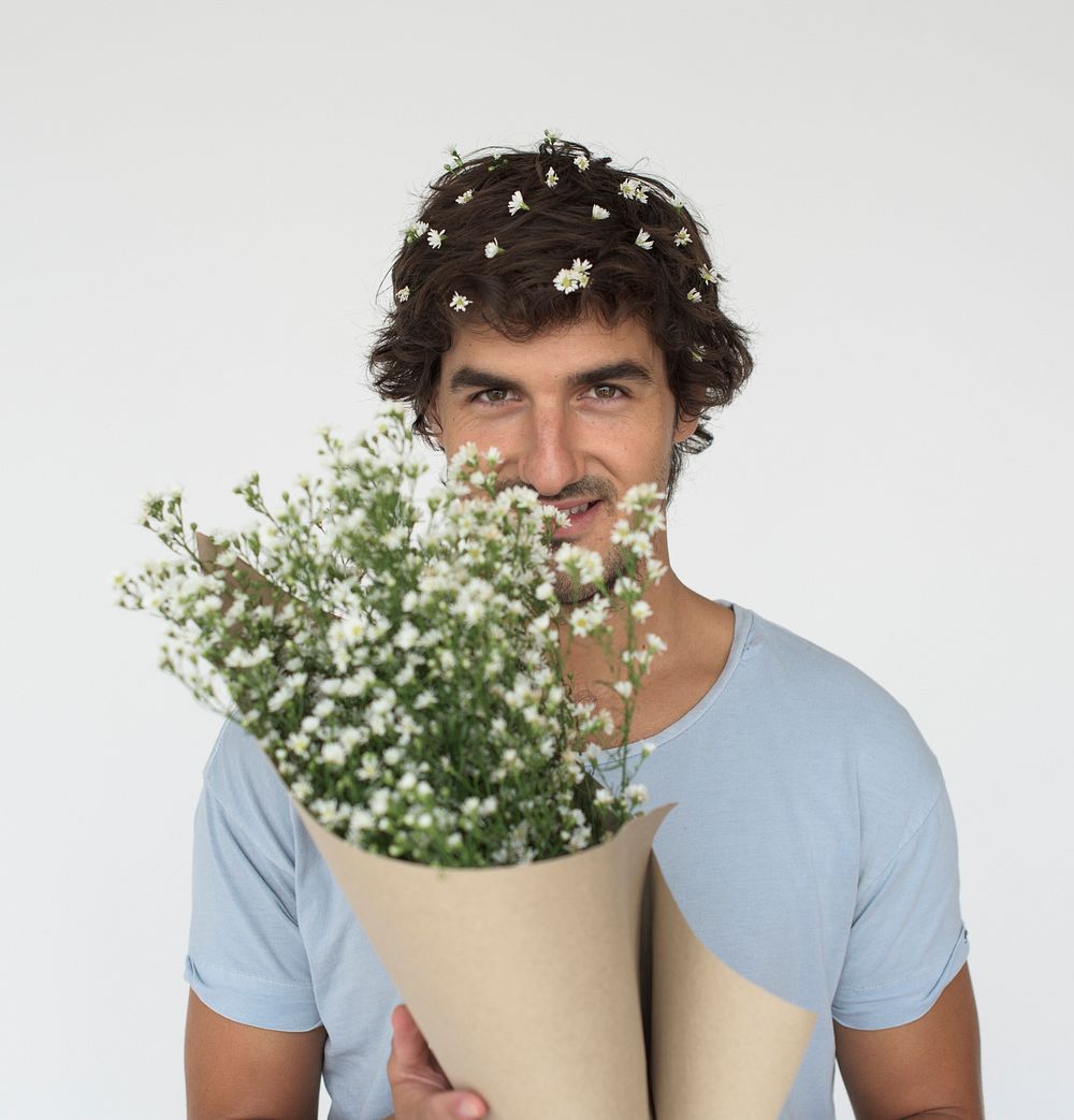 Man Flowers Gift Positive Portrait Expression Concept