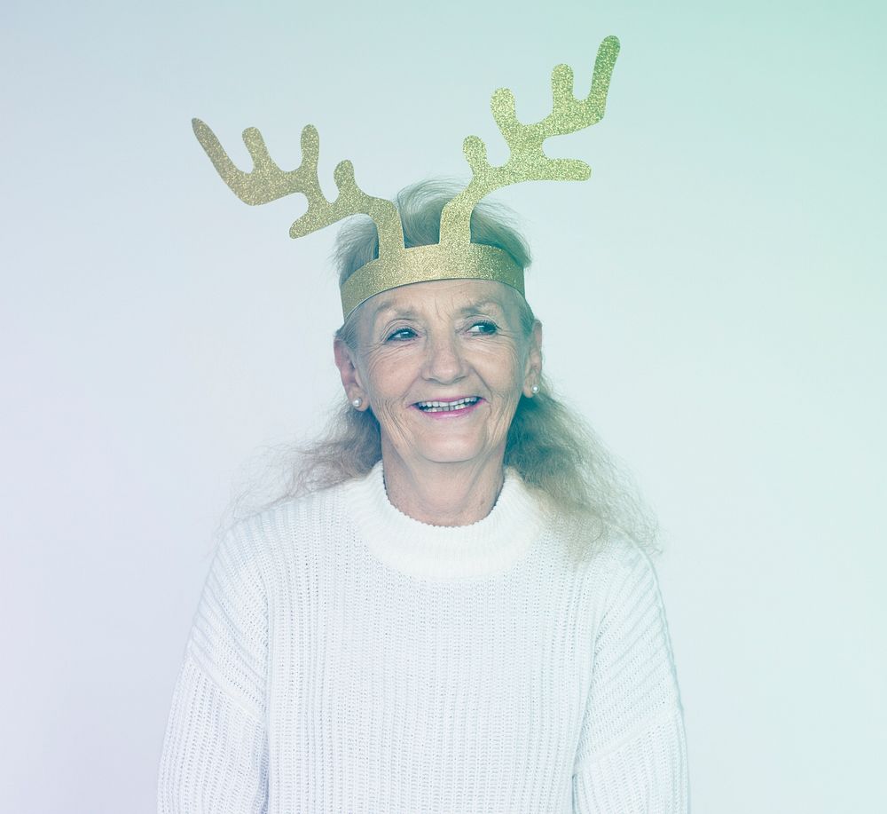 Senior Woman Wear Paper Antler Cheerful Studio Portrait