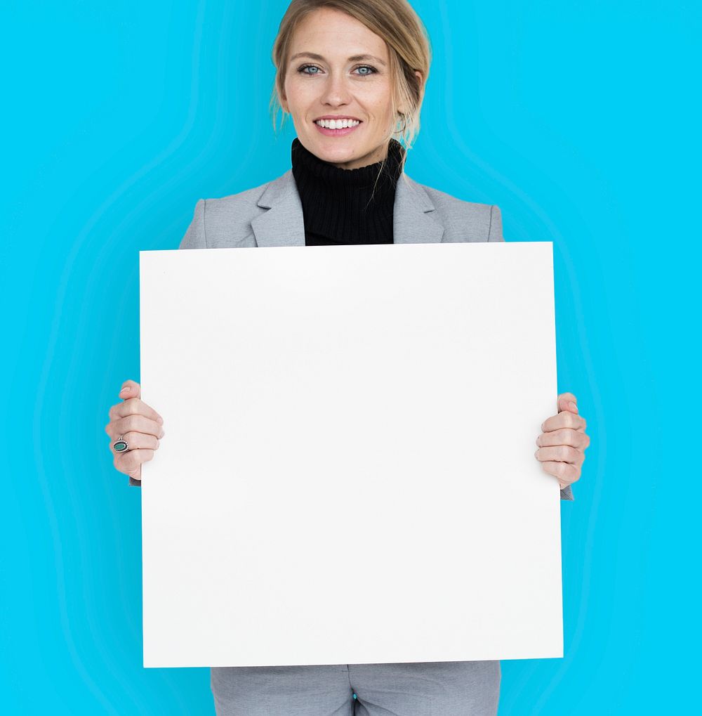 Businesswoman Smiling Happiness Holding Placard Copy Space Concept