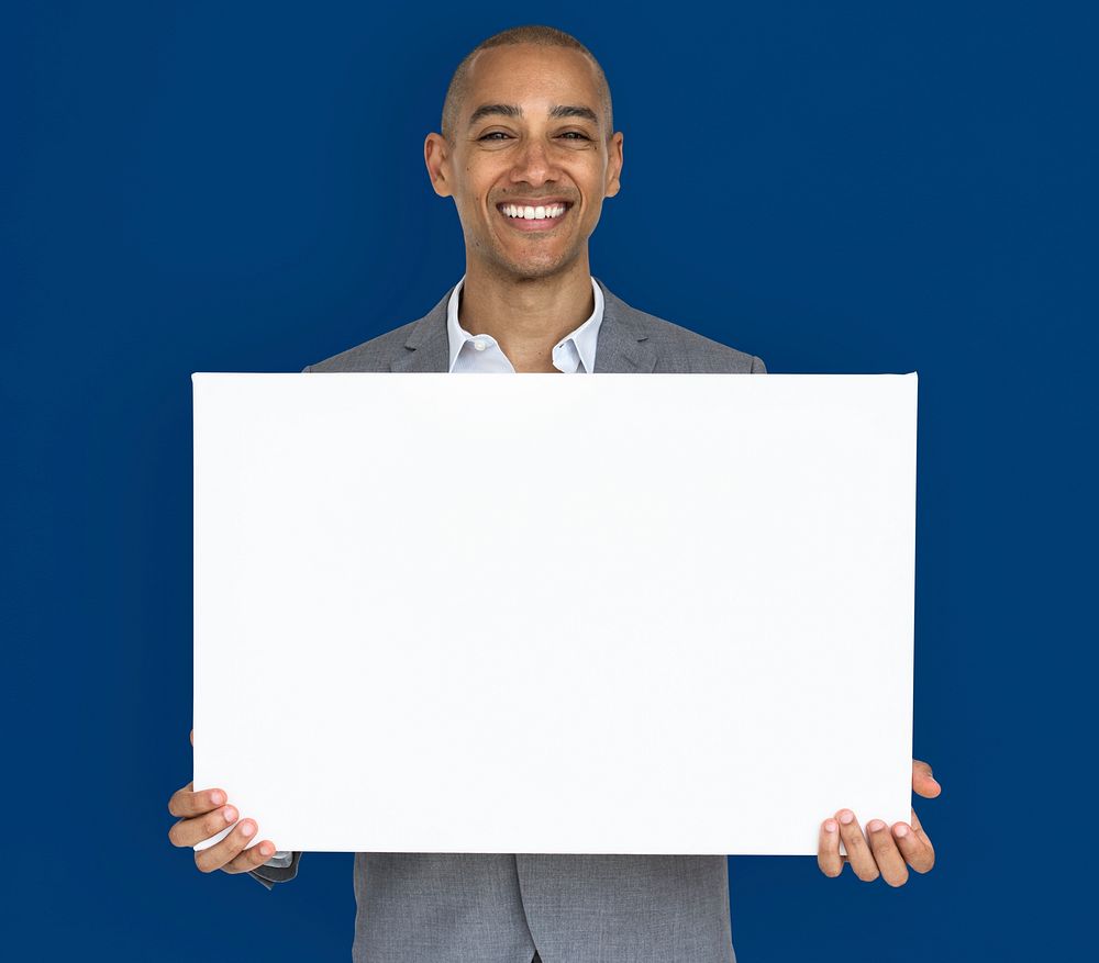 Businessman Smiling Happiness Holding Placard Copy Space Concept
