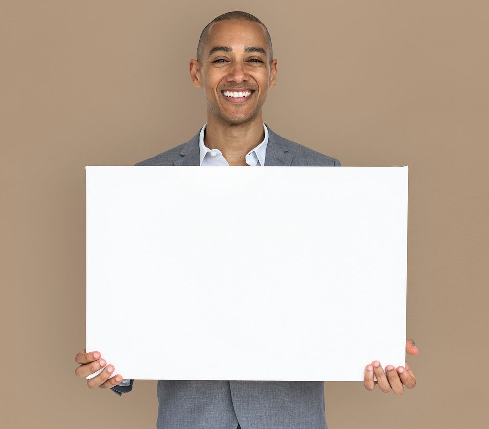 Businessman Smiling Happiness Holding Placard Copy Space Concept