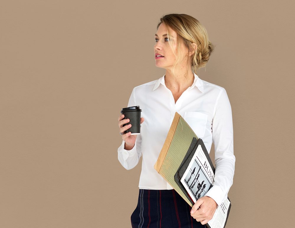 Caucasian Business Woman Coffee Documents Concept