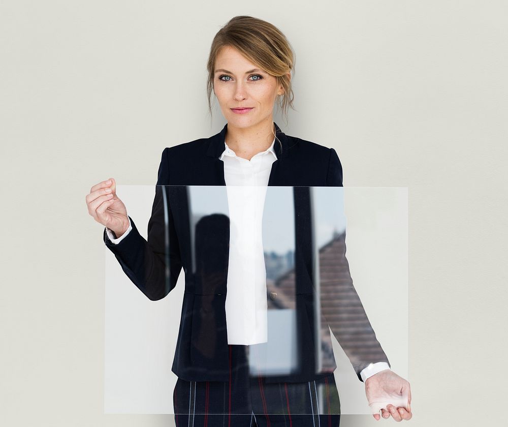 Businesswoman Smiling Happiness Holding Clear Placard Copy Space Concept