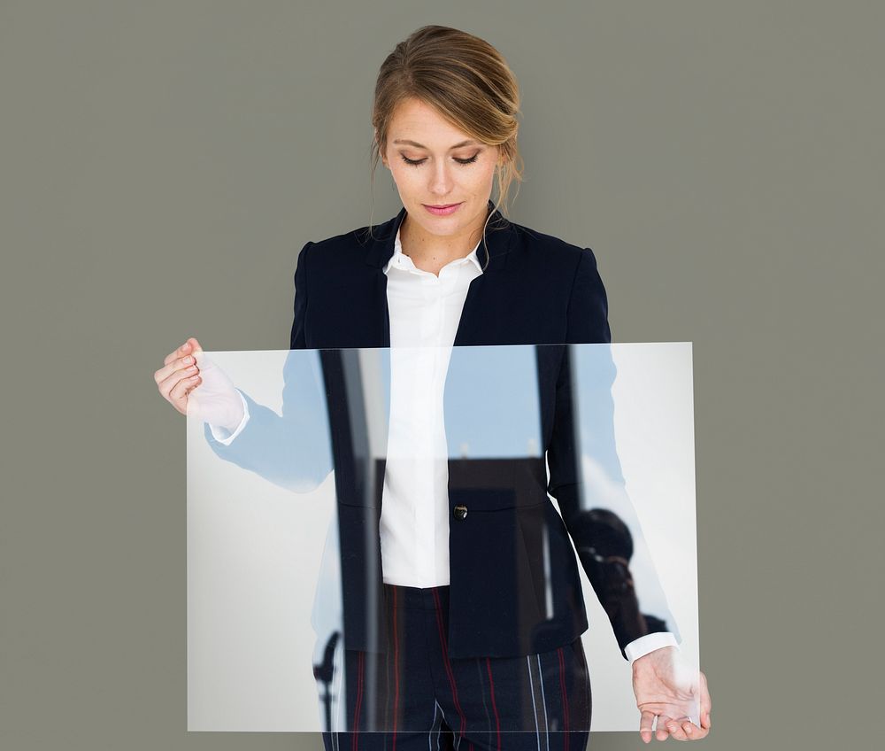 Businesswoman Smiling Happiness Holding Clear Placard Copy Space Concept