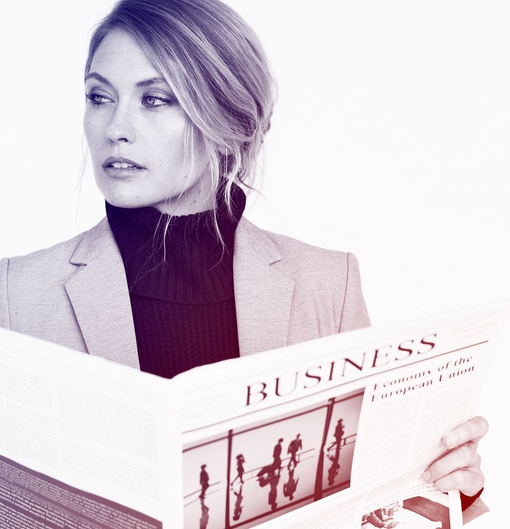 Business Woman Read Hands Hold Newspaper Studio