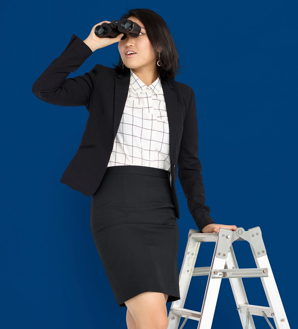 Asian Business Woman Ladder Binoculars