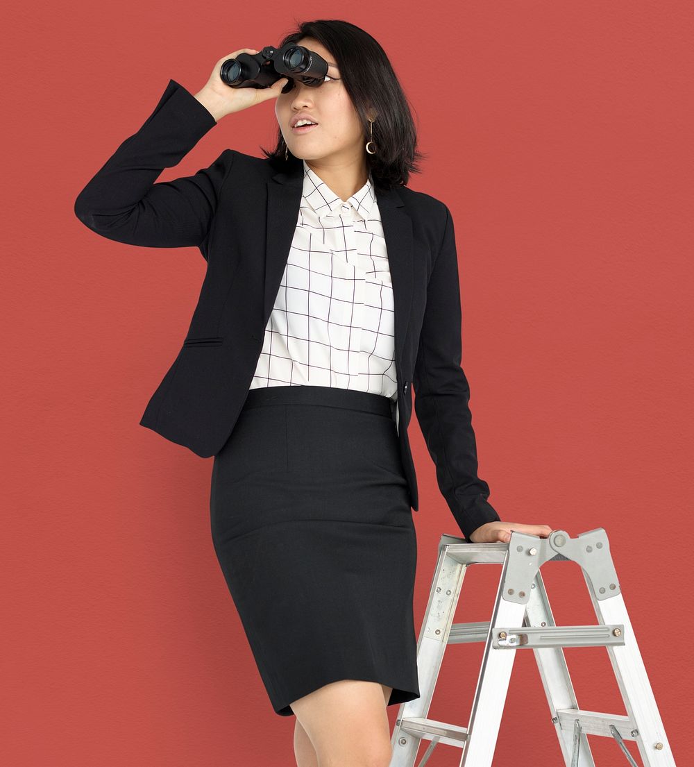 Asian Business Woman Ladder Binoculars
