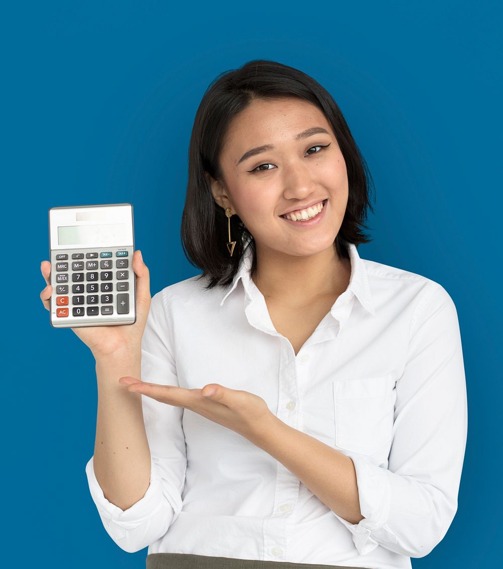 Asian Woman Showing Hand Gesture Calculator