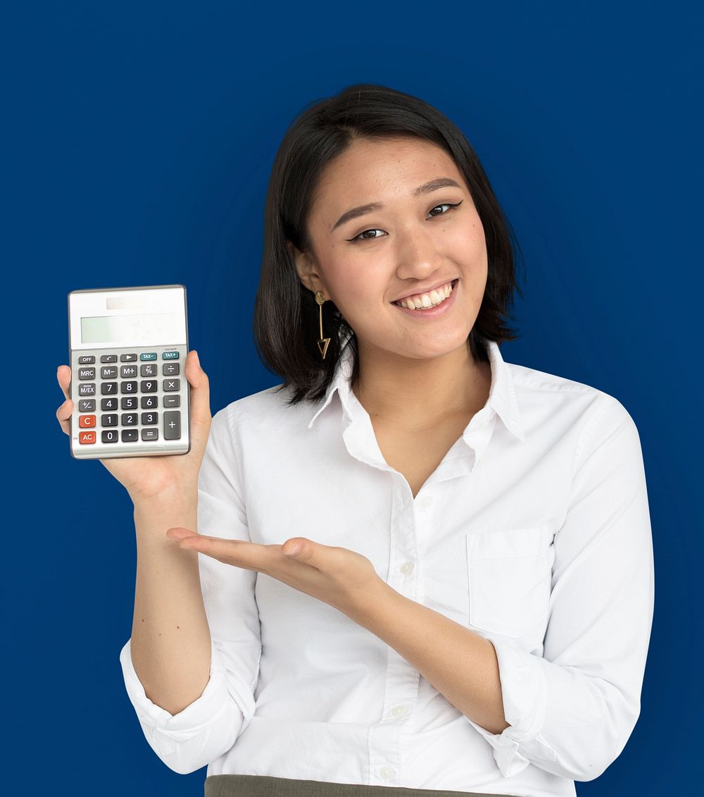 Asian Woman Showing Hand Gesture Calculator