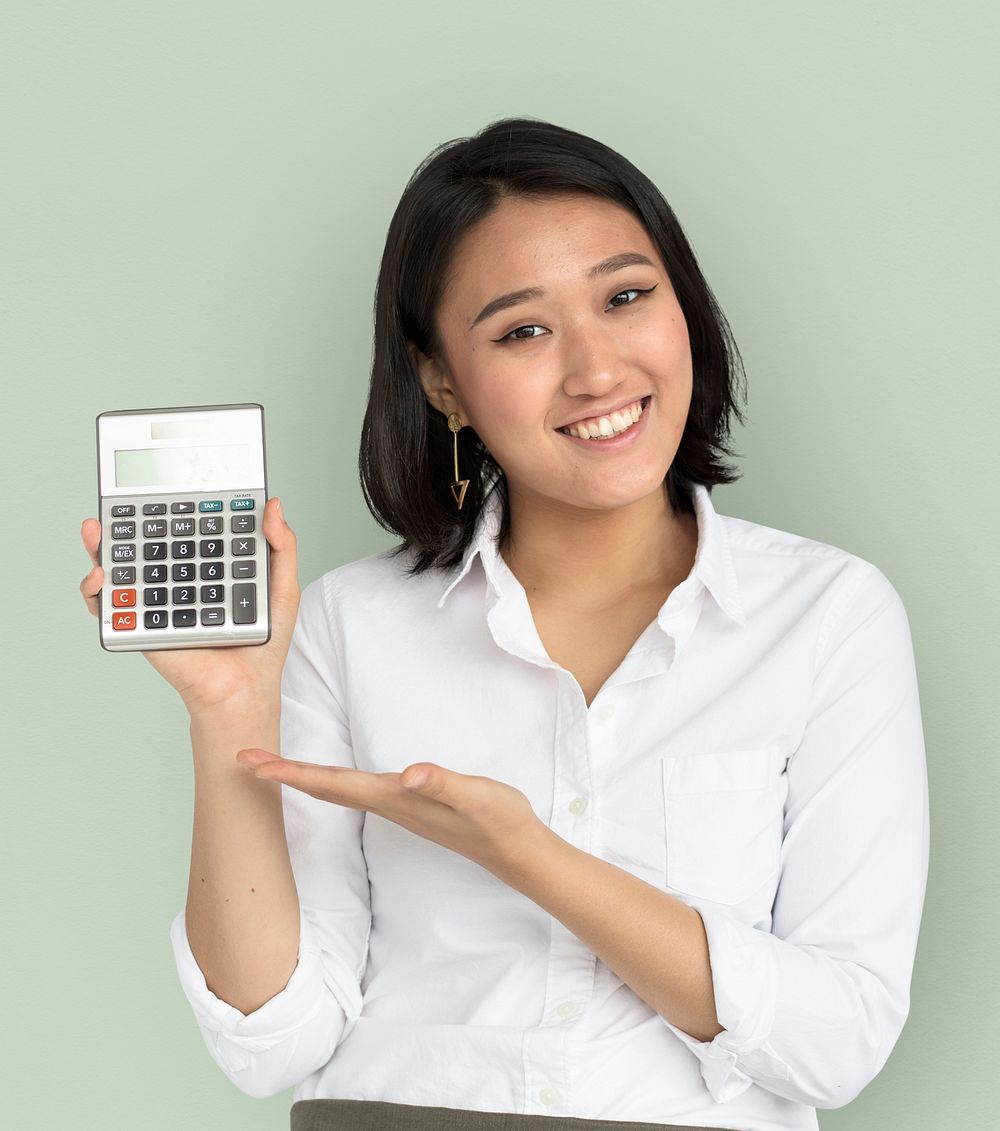 Asian Woman Showing Hand Gesture Calculator