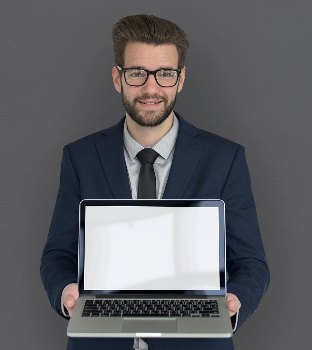 Businessman Holding Laptop Copy Space Technology