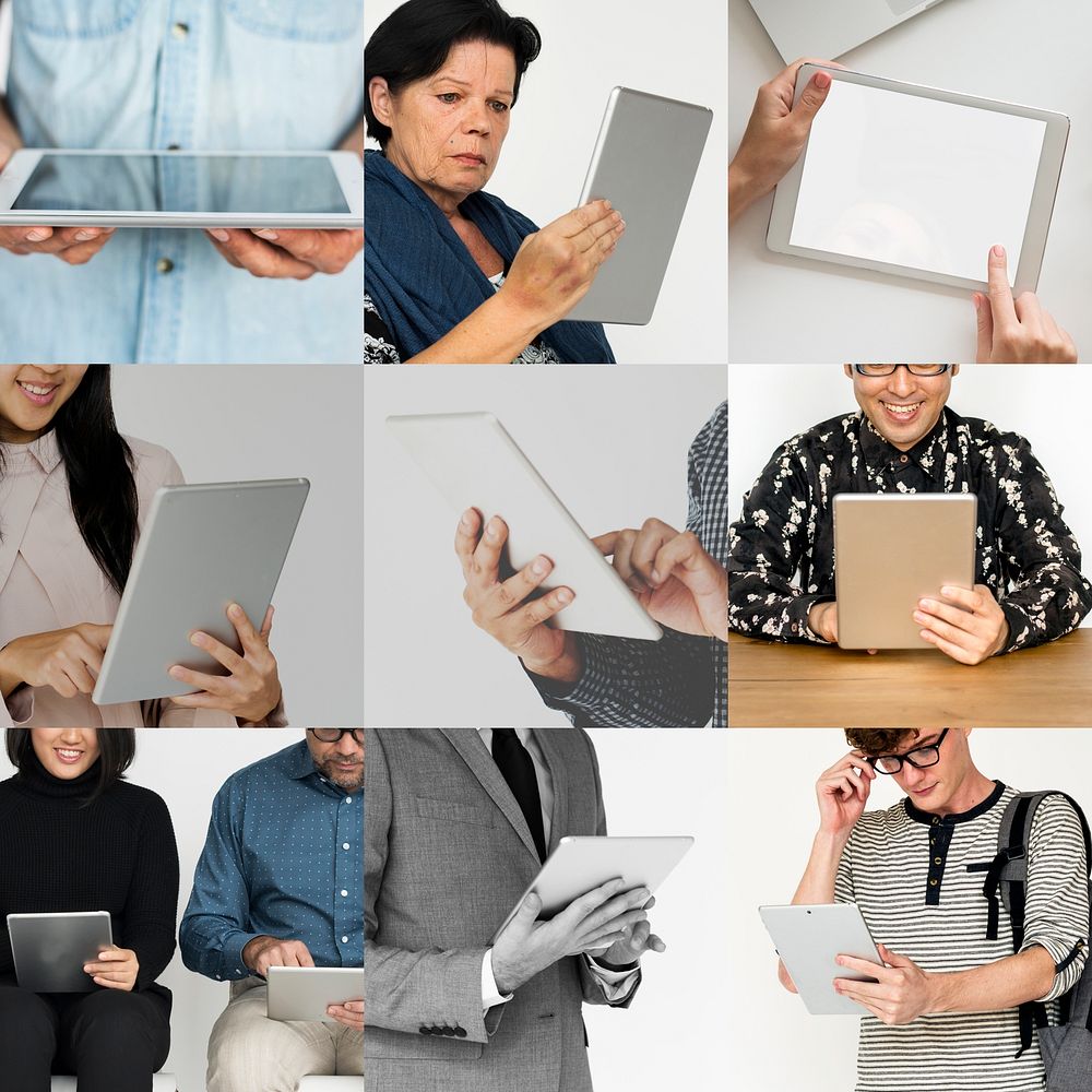 Collage of people using tablet mobility networking connection