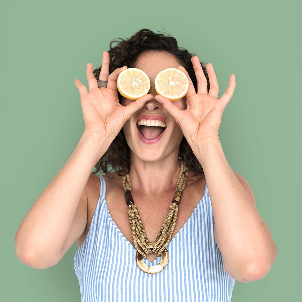 Woman Smiling Happiness Cover Eye Playful Lemon Portrait