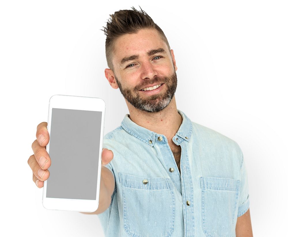 Caucasian Man Holding Phone Smiling