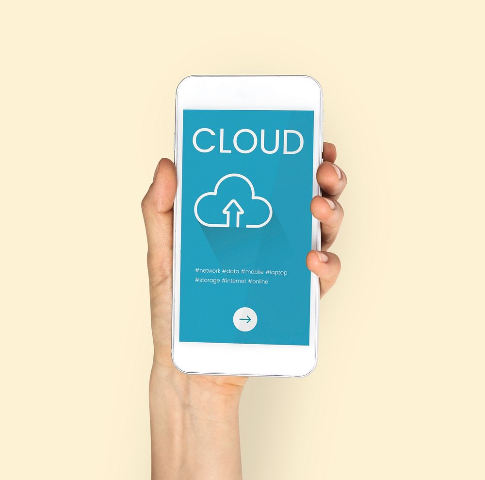 Woman holding a phone with a cloud dymbol
