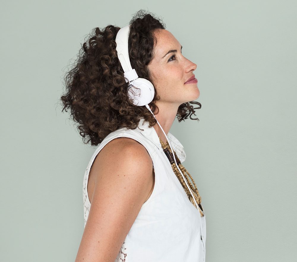 Caucasian Woman Listening Headphones