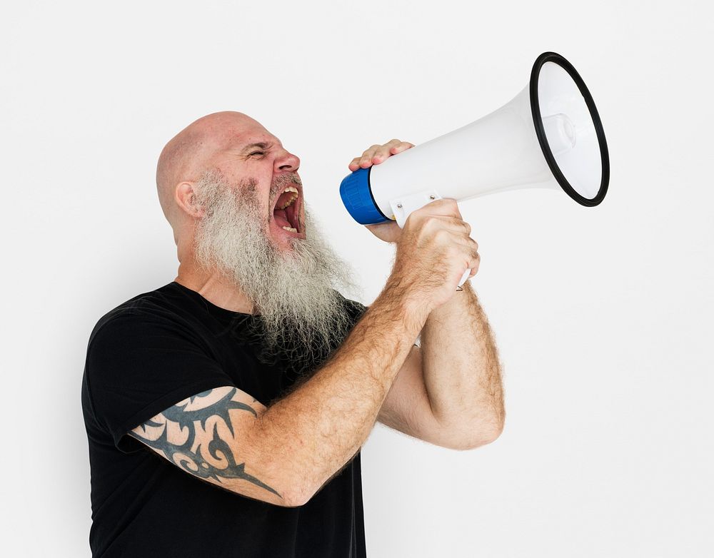 Bearded Caucasian Man Shouting Megaphone