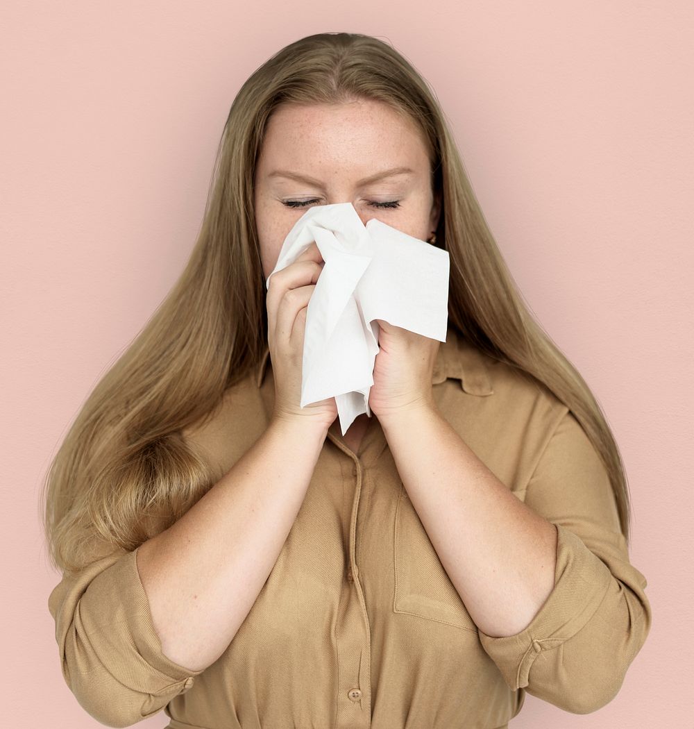 Caucasian Woman Sneezing Crying Tissue