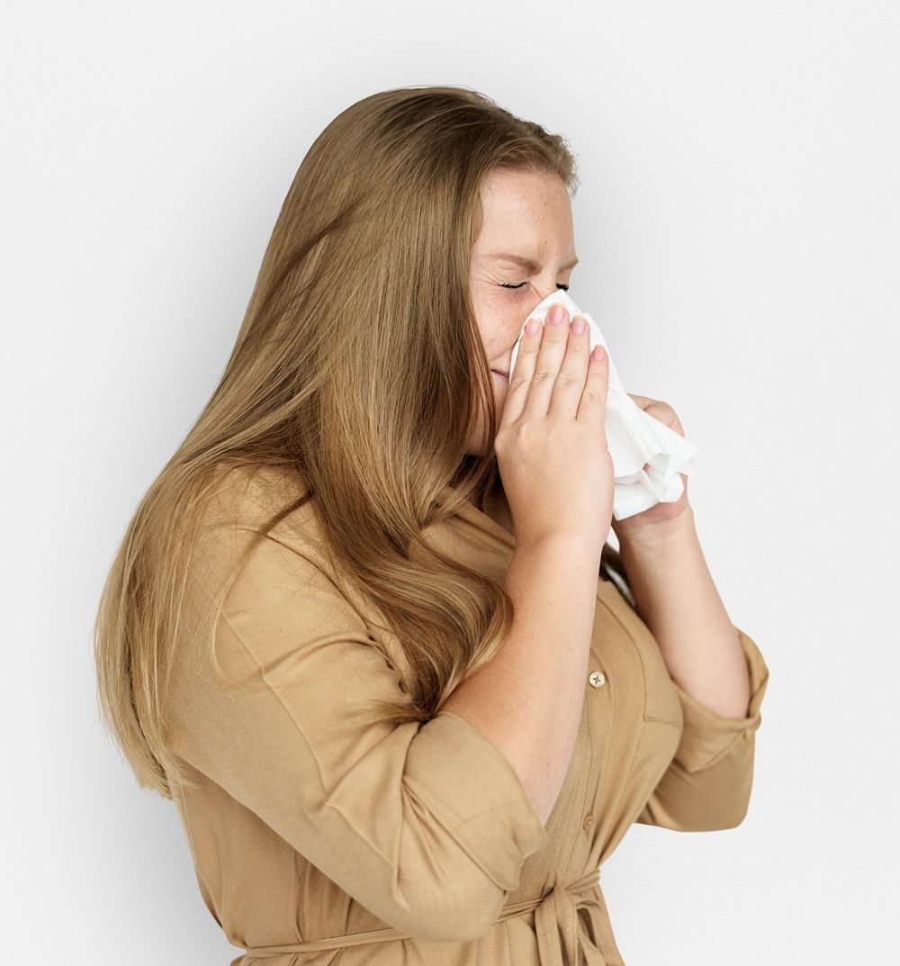 Caucasian Woman Sneezing Crying Tissue