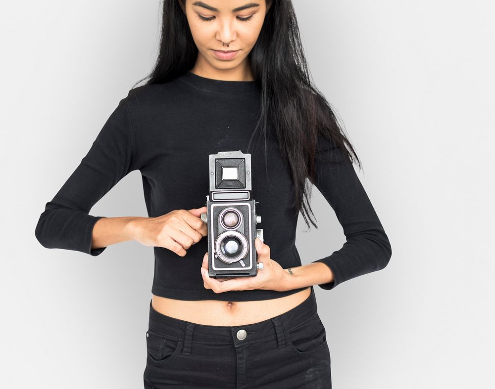 Young woman casual studio portriat in crop-top