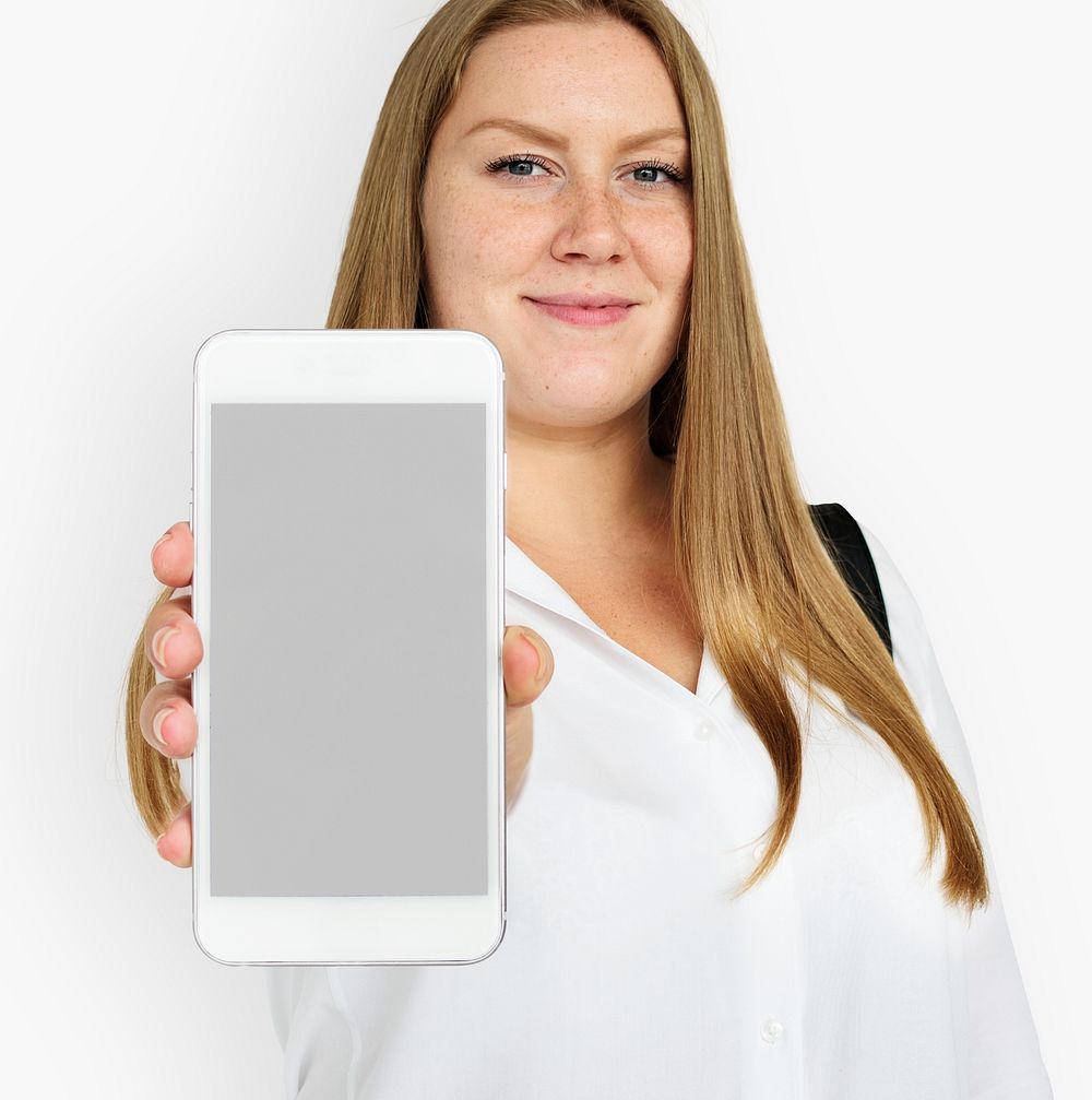 Woman holding a mobile phone mockup
