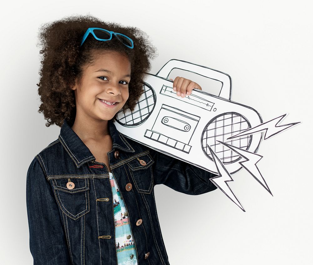 Girl holding a radio paper cutout