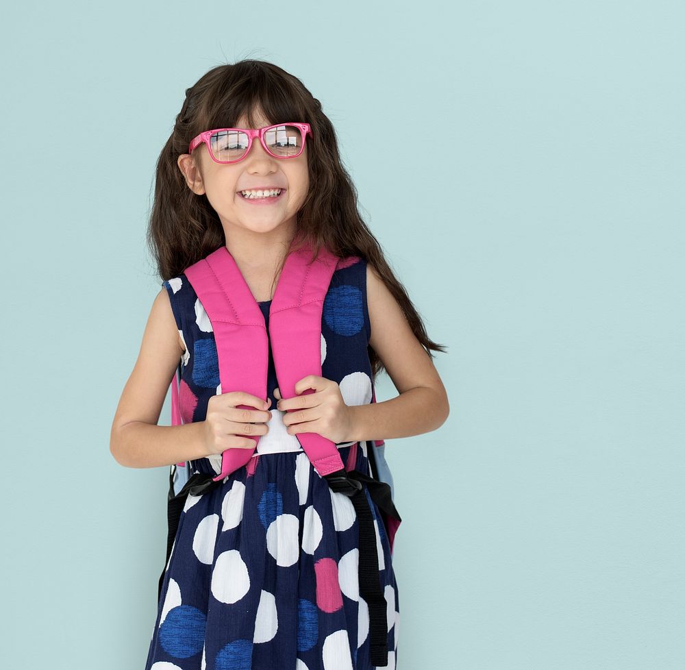Little Girl Backpack Glasses Smiling