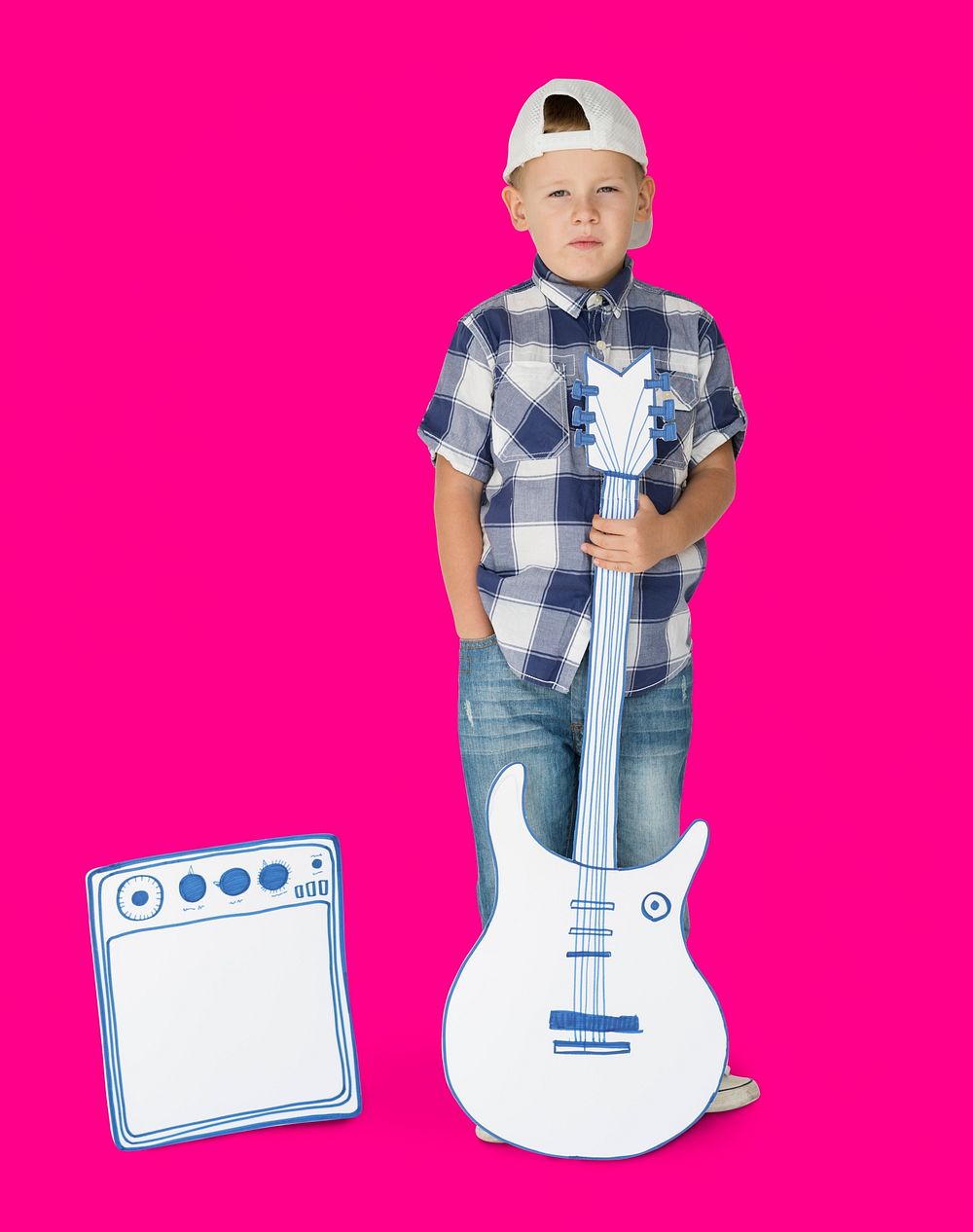 Portrait of a Little Blond Caucasian Boy with Guitar Isolated