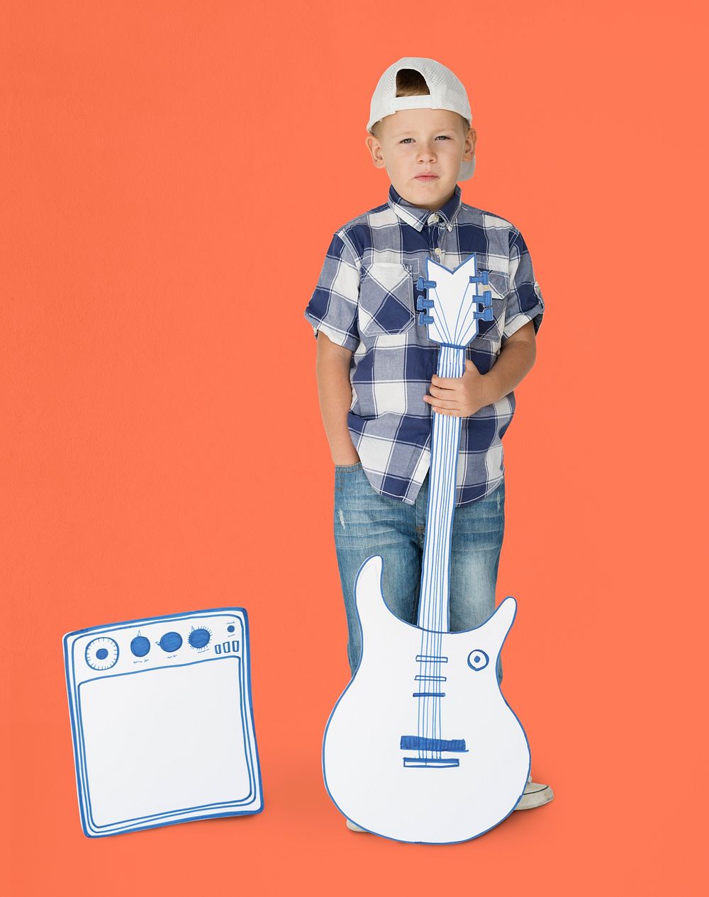 Portrait of a Little Blond Caucasian Boy with Guitar Isolated