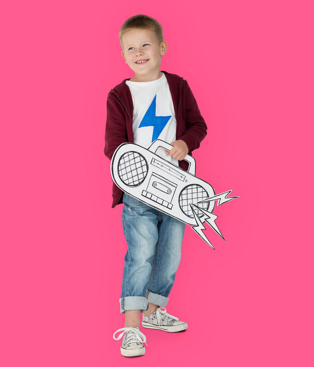 Portrait of a Little Blond Caucasian Boy with a Radio Isolated