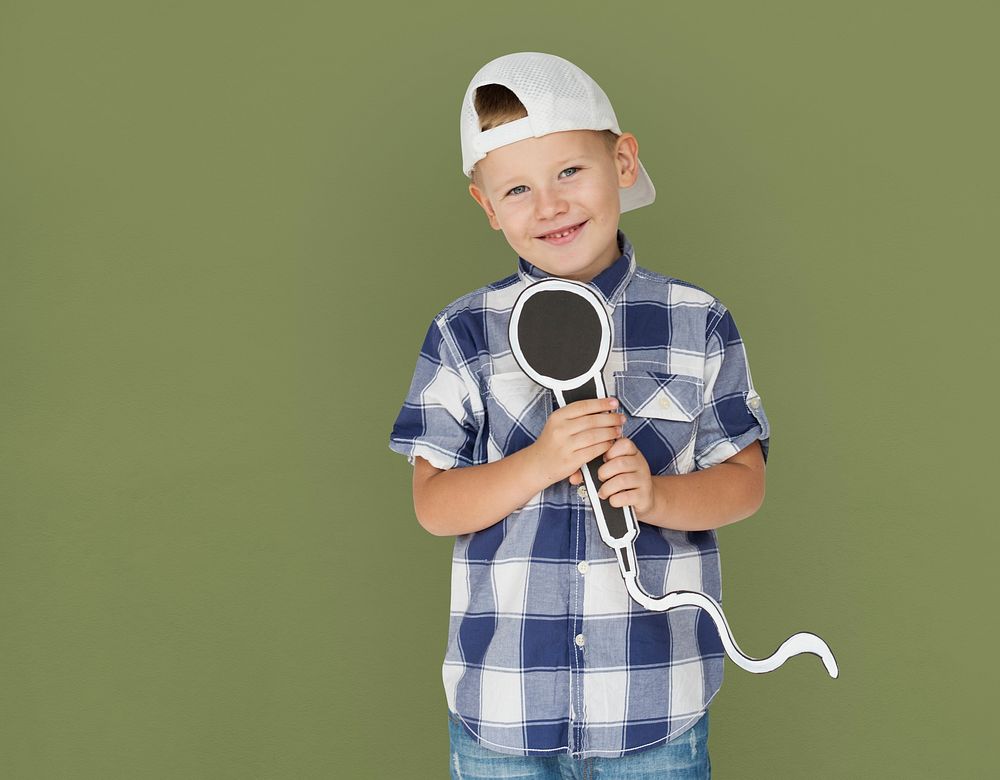 Caucasian Little Boy Microphone Smiling