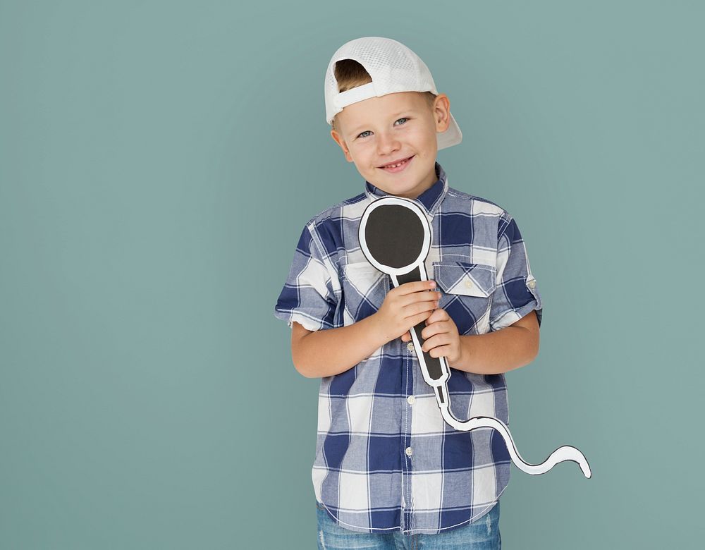 Caucasian Little Boy Microphone Smiling