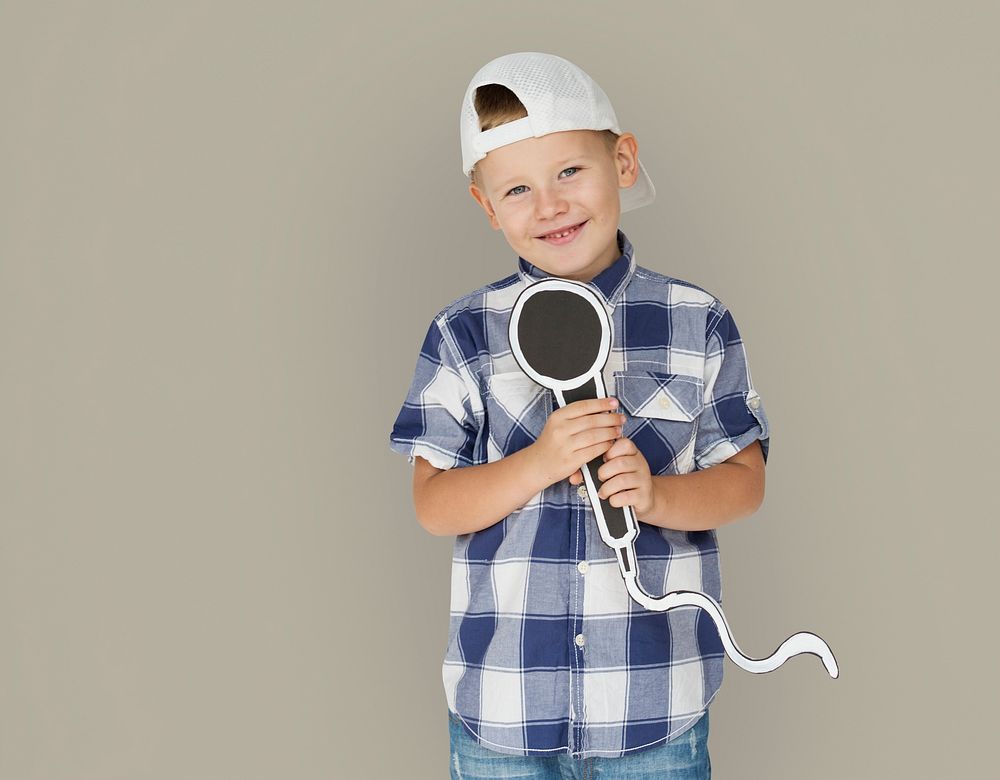 Caucasian Little Boy Microphone Smiling
