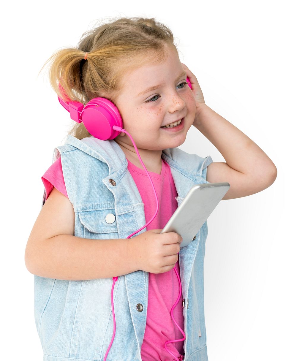 Little Girl Listen Music Wear Headphone